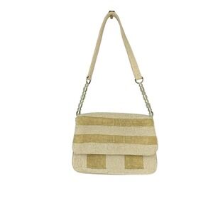 America‎ & Beyond creme and tan block stripe beaded/shearling shoulder bag.